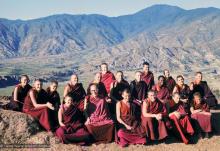 (16747_sl.psd) Sangha at Kopan Monastery, Nepal, 1976. Front row, from the left: Yeshe Khadro (Marie Obst), Dieter Kratzer, John Feuille, Thubten Pende (Jim Dougherty), Adrian Feldmann (Thubten Gyatso), Jeffery Webster. Back row, from the left: Thubten Yeshe (Augusta Alexander or TY), Nicole Couture, Margaret McAndrew, Thubten Wongmo (Feather Meston), Nick Ribush, Sangye Khadro (Kathleen McDonald), Scott Brusso, George Churinoff, Bonnie Rothenberg (Konchog Donma or KD), Jampa Konchog (Yogi), Thu