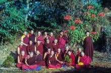 (17315_sl.psd) Back row: Peter Kedge, Adrian Feldmann (Thubten Gyatso), Max Redlich, Roger Kunsang, Claudio Cipullo, Marcel Bertels

Middle row: George Churinoff, JW- Jamyang Wangmo (aka Helly Pelaez or Jampa Chokyi), Anila Ann, Stefano Piovella, Helmut Hohm

Front row: Harry Sutton, Tova Kovachi, Bob Alcorn, Vicki Bischoff (Taylor),  Karin Valham, Andrea Antonetti, Thubten Pelgye (John Douthitt), Thubten Chodron (Cherry Greene), Julia Maria Busto, Franchino Morgante, Elisabeth Drukier stand