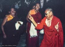 (22487_ng-3.tif) Istituto Lama Tzong Khapa, Pomaia, Italy, 1983. From Big Love: "Lama Yeshe bounced into Istituto Lama Tzong Khapa wearing his new Egyptian caftan. He jumped out of the car and boogied across the courtyard, brandishing his favored wrathful mudra, while Geshe Jampa Gyatso and many of the ILTK residents laughed and laughed."