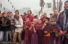 (22912_ng-3.psd) Jeff Nye, center, Lama Yeshe, Hermes Brandt, and the Mount Everest Center students in Boudha, Nepal, 1979. Ina Van Delden (photographer)