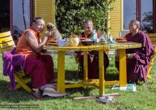 (22966_ng-3.tif) Lama Yeshe with the little dog named Yeshe, Lama Zopa Rinpoche and Geshe Jampa Gyatso, Istituto Lama Tzong Khapa, Pomaia, Italy, 1983.