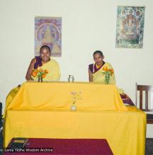 (23077_ng-3.psd) Puja with Lama Yeshe and Lama Zopa Rinpoche at the end of the Lam Rim course, Sydney, Australia, 1975.