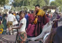 (23171_ng-3.psd) Lama Zopa Rinpoche in a rickshaw, Bodhgaya, India, 1982.