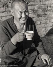 (23233_ng-3.psd) Lama Yeshe having tea at Kopan Monastery, Nepal, 1978.