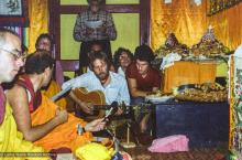 (23437_ng-3.tif) Songs from students and sangha during long life puja for Lama Yeshe, Tushita Retreat Centre, Dharamsala, India, 1982. Dan Laine (photographer)