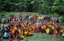 (23463_ng-3.tif) First Enlightened Experience Celebration group with Zong Rinpoche, back of Tushita Retreat Centre, Dharamsala, India, 1982.