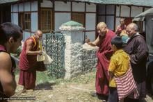 (24209_sl-3.tif) Lama welcomes Kyabje Ling Rinpoche to Tushita, First Enlightened Experience Celebration, Tushita Retreat Centre, Dharamsala, India, 1982. Dieter Kratzer (photographer)