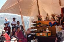 (25053_ng.TIF) Lama Yeshe and Geshe Losang Tsultrim at O Sel Ling. In September of 1982, H.H. Dalai Lama visited this retreat center that the lamas had just set up in Bubion, a small town near the Alpujarra mountains near Granada, Spain. At the end of His Holiness teaching he named the center O Sel Ling. Photo by Pablo Giralt de Arquer.