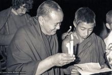 (25140_ng-3.psd) Lama Yeshe with a MEC novice, Christmas, Kopan Monastery, 1978. Robin Bath (photographer)