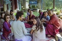 (38344_ng.-3.jpg) Lama Yeshe making chulen pills with students, Tushita Retreat Centre, Dharamsala, India, 1982.