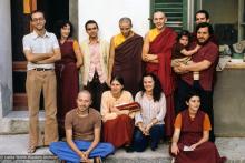 (39365_sl-3.jpg) Istituto Lama Tzong Khapa students and stalwarts, Italy, 
1978. Back row: Massimo Corona , Margherita Giordano, Tonino Vita, Dario Tesoroni (Losang Dorje), Beppe Molinari, Franco holding child and Francesco Prevosti behind him. Front row: Claudio Gambirasio, Carol Corona, Francesca Piatti, and unknown student.