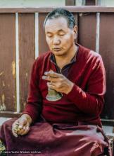 (39469_pr-3.psd) Lama Yeshe doing puja at Pyramid Lake after the Grizzly Lodge Course, 1980.  Carol Fields (donor)