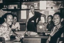 (39482_pr-3.psd) Karuna Cayton, , Pam Cayton , Nick Ribush, Thubten Tsering, and Lama Lhundrup, Kopan office, Kopan Monastery, Nepal, 1979.