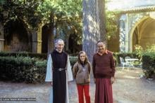 (39540_sl-3.psd) Lama Yeshe with a priest and young girl at a monastery in Spain, 1982.