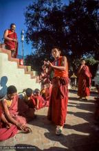 (42183_sl-3.tif) Thubten Sherab debating, Lama Yeshe and Lama Lhundrup looking on, Kopan Monastery, Nepal, 1979.