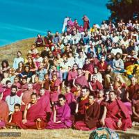 (15843_pr.psd) Lama Yeshe and Lama Zopa Rinpoche in a group photo from the Seventh Meditation Course, Kopan Monastery, Nepal, 1974.