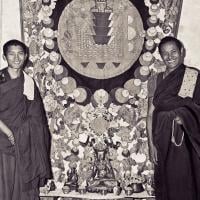 (00004_ud-Edit.psd) Lama Zopa Rinpoche  and Lama Yeshe with a mandala applique thangka in the "old gompa", Kopan Monastery, 1970.