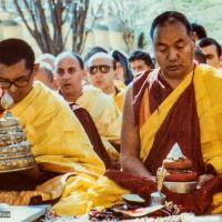 (00830_ud-3.jpg) Mandala Offering by Lama Zopa Rinpoche and Lama Yeshe, Bodhgaya, India, 1982.