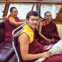 (03809_ng-2.psd) Lama Yeshe, Lama Zopa Rinpoche and Marcel Bertels  on a canal boat ride in Amsterdam, 1979.  Photo by Jan-Paul Kool.