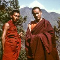 (04379_sl-2.psd) Lama Zopa Rinpoche  and Lama Yeshe near Lawudo Retreat Center, 1970. Photo by Terry Clifford.