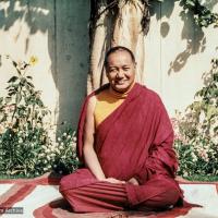 (04510_pr.JPG) Lama Yeshe in the front yard of Tushita Mahayana Meditation Centre (also called Tushita-Delhi), Shantiniketan, India, 1979. Roger Kunsang (photographer)