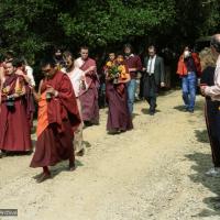 Click to view in our Image Gallery (05782_ng.jpg) Lama Zopa Rinpoche leading the procession to the cremation of Lama Yeshe at Vajrapani Institute, California in March of 1984. Photo by Ricardo de Aratanha.