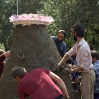 Click to view in our Image Gallery (05798_ng-3.jpg) Sealing the cremation stupa of Lama Yeshe, Vajrapani Institute, California, 1984. Chuck Thomas, John Jackson, and Steve Malasky (Pearl) in photo. Åge Delbanco (photographer)