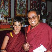 (05826_ng-3.jpg) Lama Yeshe with Tenzin Sherab Rinpoche (aka Jatse Tulku or Elijah Ary), Vajrapani Institute, Boulder Creek, California, 1983. Åge  Delbanco (photographer)