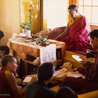 (07021_pr-2.psd) Photo from a course at Tushita Retreat Centre, Dharamsala, India, in June of 1975, taught by Geshe Rabten and translated by Gonsar Tulku. Ursula Bernis is in the lower left corner.