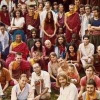 (07023_pr-2.psd) Photo from a course at Tushita Retreat Centre, Dharamsala, India, in June of 1975, taught by Geshe Rabten and translated by Gonsar Tulku. Geshe Rabten is seated and Gonsar Tulku is standing to the right of him. Many of Lama's students are in the group including Ursula Bernis, Steve Malasky (Steve Pearl), Massimo Corona, and Piero Cerri. Photo by Dan Laine.