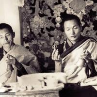 (07598_pr-2.psd) Lama Zopa Rinpoche  and Lama Yeshe doing puja (spiritual practice) in the "old gompa" (shrine room), Kopan Monastery, 1970.