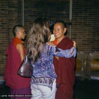 (09297_ng.JPG) Lama Yeshe at a teaching given at Columbia University. In July 1974, the lamas and Mummy Max arrived in New York City to begin the first international teaching tour of Lama Yeshe and Lama Zopa Rinpoche. They stayed at the apartment of Lynda Millspaugh on the Upper West side of Manhattan.