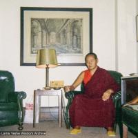 (09304_ng.JPG) Lama Yeshe at a teaching given at Columbia University. In July 1974, the lamas and Mummy Max arrived in New York City to begin the first international teaching tour of Lama Yeshe and Lama Zopa Rinpoche. They stayed at the apartment of Lynda Millspaugh on the Upper West side of Manhattan.