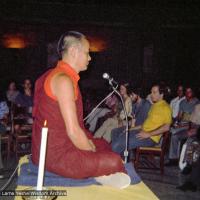 (09305_ng.JPG) Lama Yeshe at a teaching given at Columbia University. In July 1974, the lamas and Mummy Max arrived in New York City to begin the first international teaching tour of Lama Yeshe and Lama Zopa Rinpoche. They stayed at the apartment of Lynda Millspaugh on the Upper West side of Manhattan.