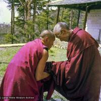 (09327_ng-3.psd) Lama Yeshe and HH Trijang Rinpoche, Tushita Retreat Centre, Dharamsala, India, 1976. In the spring of 1976, HH Trijang Rinpoche gave both novice (getsul) and full gelong ordination vows to a group of Lama Yeshe's students at Tushita Retreat Centre.