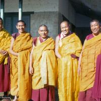 (09455_sl-2.psd) The lamas presiding over the first ordination of western students. On the far right is Geshe Rabten, and to his left is Lama Yeshe and Gen Jampa Wangdu. Dharamsala, India, 1970.