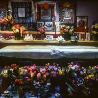 Click to view in our Image Gallery (09996_sl-3.JPG) Lama Yeshe's casket in the Vajrapani gompa, Vajrapani Institute, Boulder Creek, California, 1984. Ricardo de Aratanha (photographer)