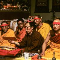 Click to view in our Image Gallery (09963_sl.JPG) A cycle of pujas were done for Lama Yeshe before the formal cremation, Vajrapani Institute, California, 1984. Photo includes Geshe Sopa, Lama Zopa Rinpoche, Geshe Gyeltsen, Geshe Thinley, and Geshe Lobsang Gyatso. Photo by Ricardo de Aratanha.