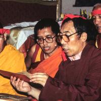 Click to view in our Image Gallery (09964_sl.JPG) A cycle of pujas were done for Lama Yeshe before the formal cremation, Vajrapani Institute, California, 1984. Photo includes Geshe Sopa, Lama Zopa Rinpoche, Geshe Gyeltsen, and Geshe Thinley. Photo by Ricardo de Aratanha.