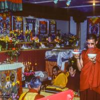 Click to view in our Image Gallery (09970_sl.JPG) A cycle of pujas were done for Lama Yeshe before the formal cremation, Vajrapani Institute, California, 1984. Photo by Ricardo de Aratanha.