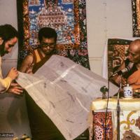 Click to view in our Image Gallery (09971_sl.JPG) A cycle of pujas were done for Lama Yeshe before the formal cremation, Vajrapani Institute, California, 1984. Photo includes Lama Zopa Rinpoche, Chuck Thomas, and Zong Rinpoche. Photo by Ricardo de Aratanha.