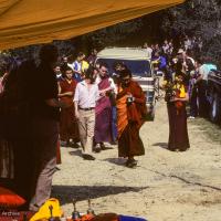 Click to view in our Image Gallery (10024_sl.JPG) Lama Zopa Rinpoche leading the procession to the cremation of Lama Yeshe at Vajrapani Institute, California in March of 1984. Photo by Ricardo de Aratanha.