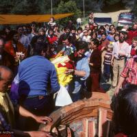 Click to view in our Image Gallery (10032_sl.JPG) Lama Yeshe's body is placed in the cremation stupa. Cremation of Lama Yeshe at Vajrapani Institute, California in March of 1984. Photo by Ricardo de Aratanha.