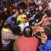 Click to view in our Image Gallery (10033_sl.JPG) Lama Yeshe's body is placed in the cremation stupa. Cremation of Lama Yeshe at Vajrapani Institute, California in March of 1984. Photo by Ricardo de Aratanha.
