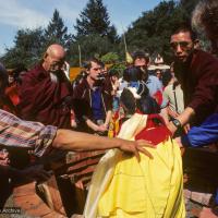 Click to view in our Image Gallery (10036_sl.JPG) Lama Yeshe's body is placed in the cremation stupa. Cremation of Lama Yeshe at Vajrapani Institute, California in March of 1984. Photo by Ricardo de Aratanha.