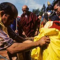 Click to view in our Image Gallery (10037_sl.JPG) Lama Yeshe's body is placed in the cremation stupa. Cremation of Lama Yeshe at Vajrapani Institute, California in March of 1984. Photo by Ricardo de Aratanha.