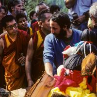 Click to view in our Image Gallery (10038_sl.JPG) Lama Yeshe's body is placed in the cremation stupa. Cremation of Lama Yeshe at Vajrapani Institute, California in March of 1984. Photo includes Lama Zopa Rinpoche, Chuck Thomas and John Schwartz. Photo by Ricardo de Aratanha.