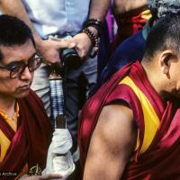 Click to view in our Image Gallery (10039_sl.JPG) Lama Zopa Rinpoche and Geshe Sopa. Cremation of Lama Yeshe at Vajrapani Institute, California in March of 1984. Photo by Ricardo de Aratanha.