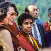 Click to view in our Image Gallery (10040_sl-3.JPG) Cremation of Lama Yeshe, Vajrapani Institute, California, 1984. Photo includes Anila Ann, Max Mathews, Massimo Corona, Geshe Thinley, and Cecily Drucker. Ricardo de Aratanha (photographer)