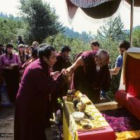 Click to view in our Image Gallery (10063_sl.JPG) Zong Rinpoche attended to by Geshe Gyeltsen at the cremation of Lama Yeshe at Vajrapani Institute, California in March of 1984. Photo by Ricardo de Aratanha.